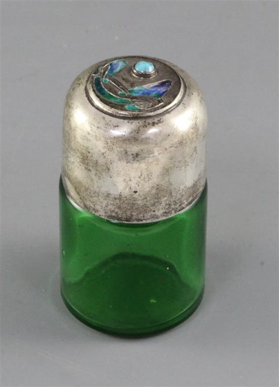 An Edwardian Art Nouveau Liberty & Co. Cymric silver and enamel mounted green glass salts bottle with stopper, 7.2cm.